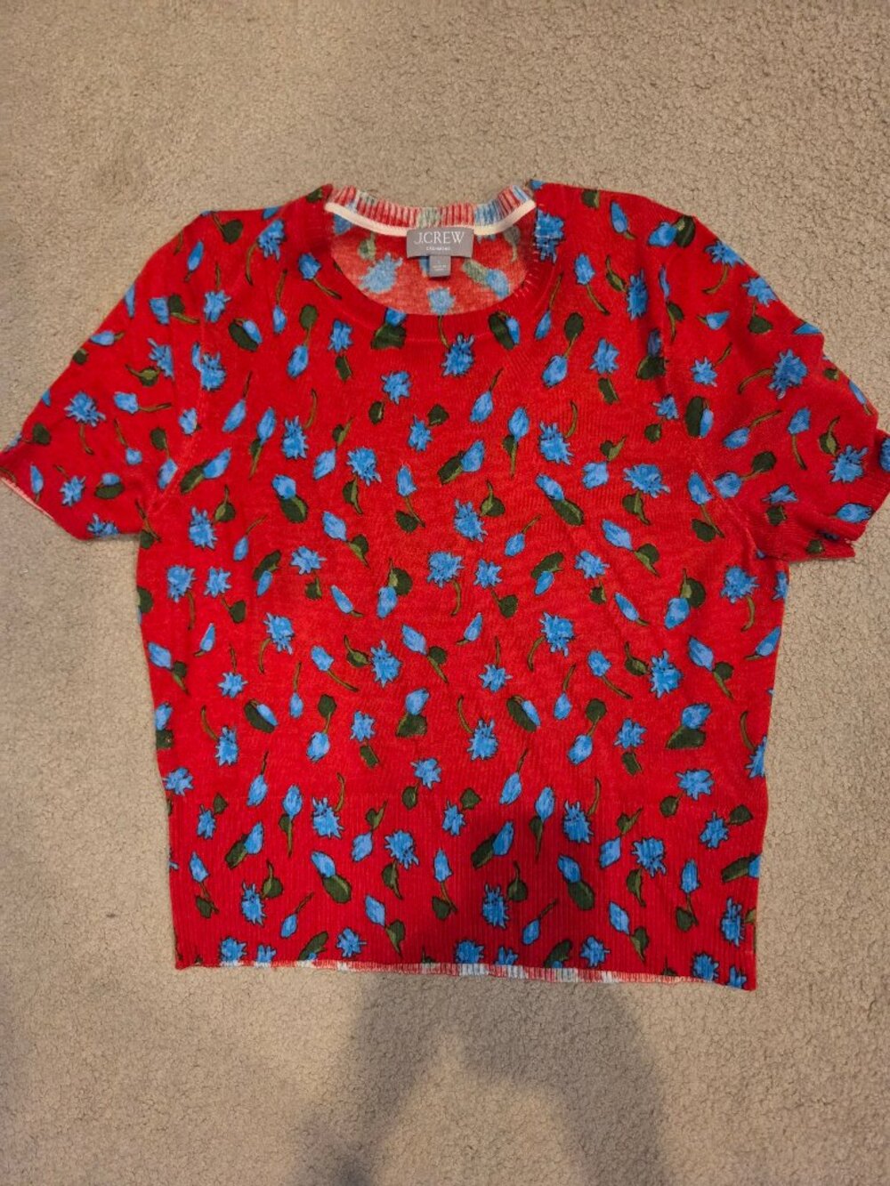 J Crew NWOT Red Blue Floral Print Cashmere Short Sleeve Sweater L